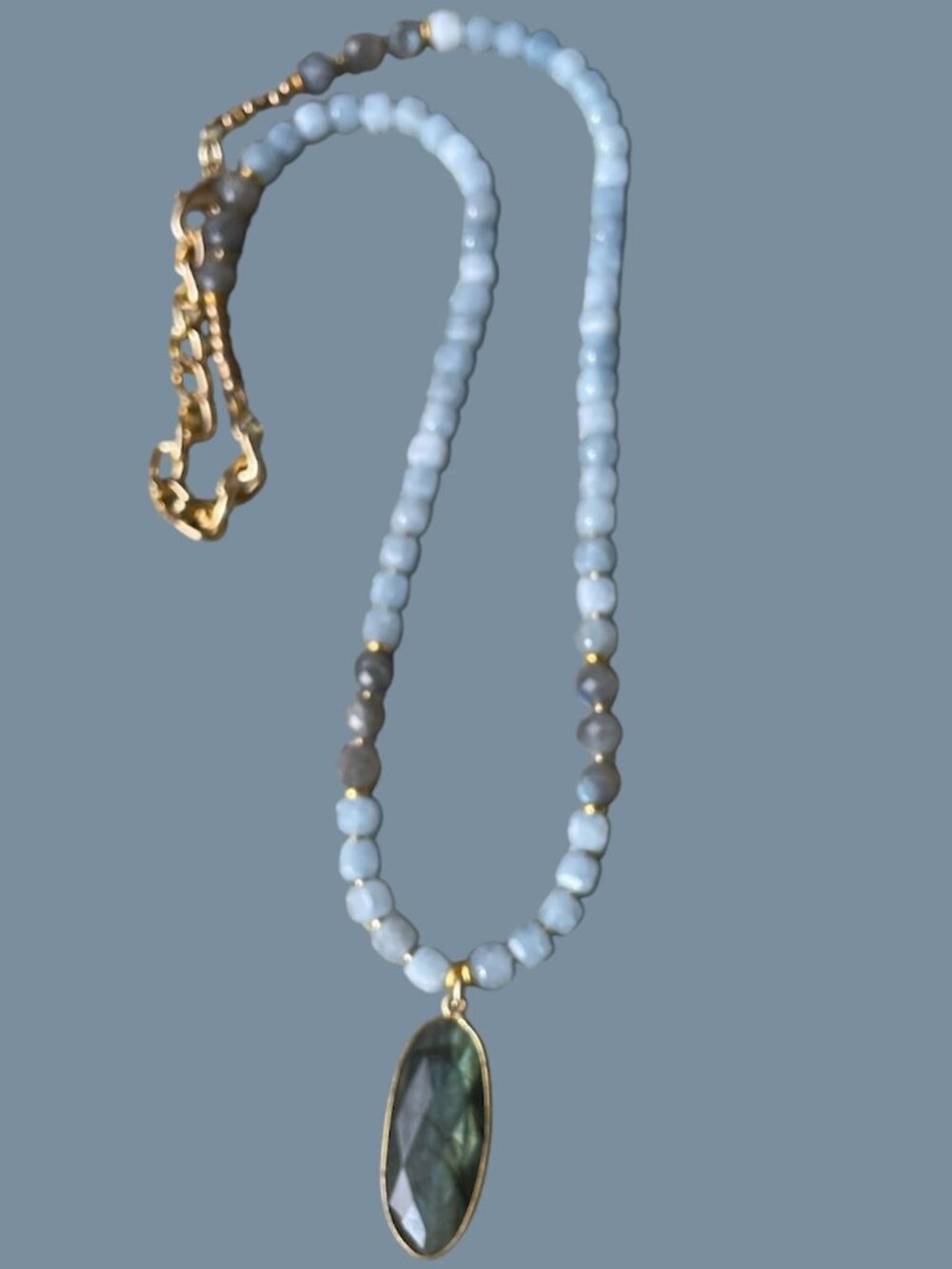 Genuine Aquamarine Necklace with Gold-Plated Labradorite Pendant